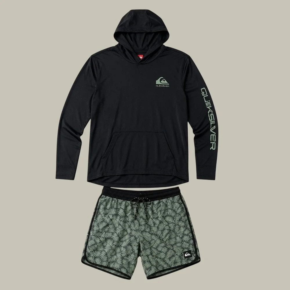 Quiksilver 2-Piece Surf Set Hooded Rash Guard & Swim Trunks Men Size M NEW